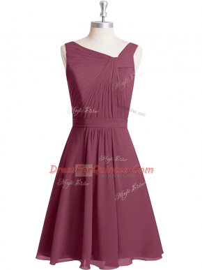 Sleeveless Chiffon Knee Length Zipper Prom Party Dress in Red with Ruching and Belt