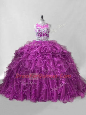 Fuchsia Sleeveless Organza Brush Train Zipper Quinceanera Gowns for Sweet 16 and Quinceanera