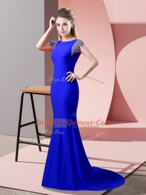 Elastic Woven Satin High-neck Short Sleeves Brush Train Backless Beading Dress for Prom in Royal Blue