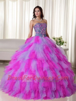 The Spuer Hot Multi-color Strapless Lace-up Floor-length Tulle Appliques Quinceanera Dress