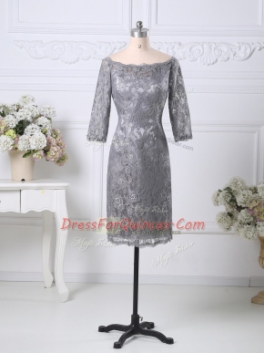 Luxurious Grey Lace Zipper Prom Party Dress Half Sleeves Knee Length Lace