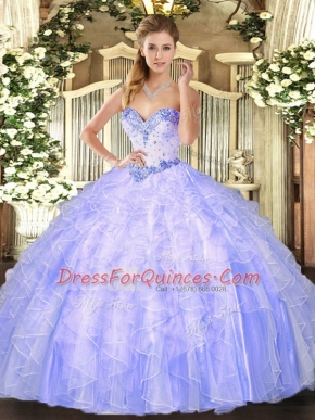 Lavender Lace Up Sweetheart Beading and Ruffles Quinceanera Gown Organza Sleeveless