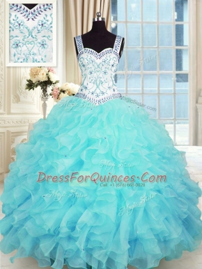 Perfect Aqua Blue Quinceanera Dress Military Ball and Sweet 16 and Quinceanera and For with Beading and Appliques and Ruffles Sweetheart Sleeveless Lace Up