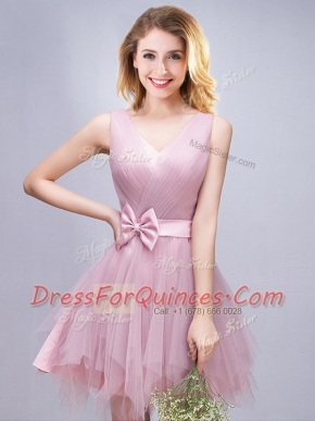 Pink Sleeveless Ruffles and Ruching and Bowknot Mini Length Damas Dress