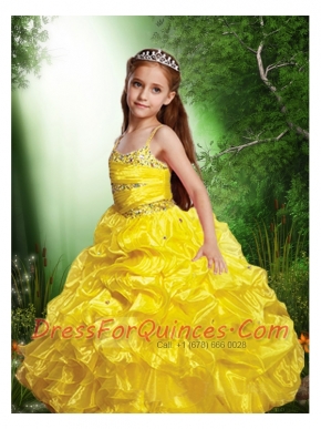 Yellow Spaghetti Straps Beading Little Girl Pageant Dress with Ruffle for 2014