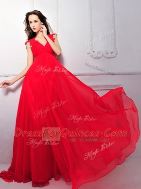 V-neck Sleeveless Zipper Evening Dress Coral Red Chiffon