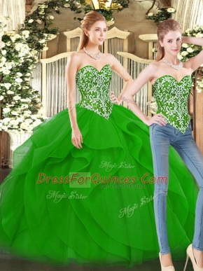 Amazing Green Sweetheart Lace Up Beading and Ruffles 15th Birthday Dress Sleeveless