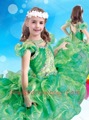 Wonderful Scoop Green Little Girl Pageant Dress with Beading and Ruffles