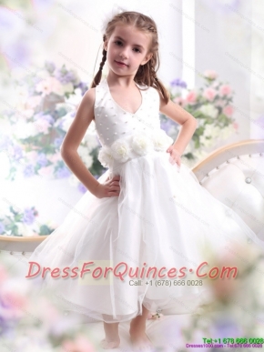 Adorable Halter Top White Mini Length Little Girl Pageant Dress with Hand Made Flower