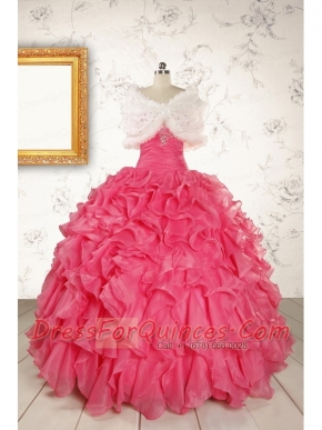 2015 Pretty Beading and Ruffles Hot Pink Quinceanera Dresses with Strapless