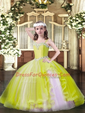 New Arrival Floor Length Lace Up Little Girls Pageant Dress Yellow for Party and Quinceanera with Beading