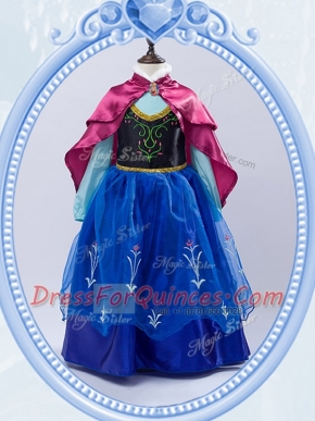 Affordable Royal Blue Taffeta and Tulle Zipper High-neck Long Sleeves Floor Length Flower Girl Dresses Embroidery