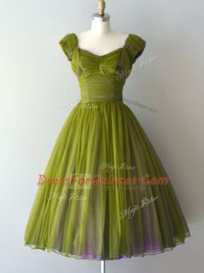 Super Olive Green V-neck Lace Up Ruching Court Dresses for Sweet 16 Cap Sleeves