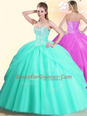 Luxury Apple Green Ball Gowns Tulle Sweetheart Sleeveless Beading Floor Length Lace Up Vestidos de Quinceanera