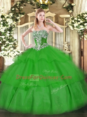 Strapless Sleeveless Quinceanera Gown Floor Length Beading and Ruffled Layers Green Tulle