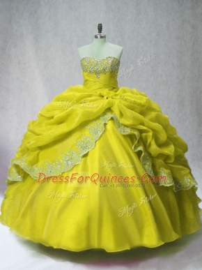Olive Green Ball Gowns Organza Sweetheart Sleeveless Beading and Appliques and Pick Ups Floor Length Lace Up Quince Ball Gowns
