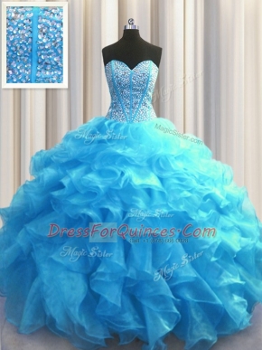 Dramatic Visible Boning Baby Blue Sleeveless Organza Lace Up Quinceanera Gown for Military Ball and Sweet 16 and Quinceanera