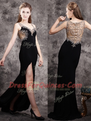 Appliques Dress for Prom Black Zipper Sleeveless With Brush Train