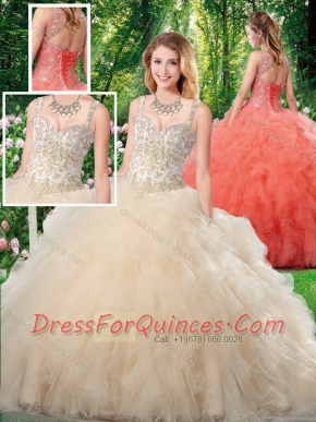 Exquisite Puffy Straps Champagne Quinceanera Dresses for 2016