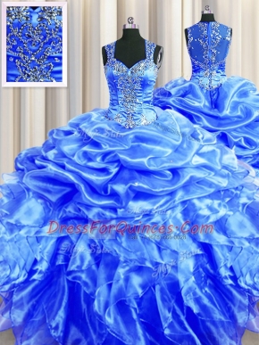 Pick Ups Zipper Up See Through Back Ball Gowns Quinceanera Gown Blue Straps Organza Sleeveless Floor Length Zipper