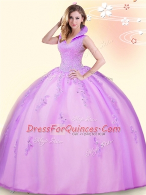 Lilac Ball Gowns Tulle High-neck Sleeveless Beading and Appliques Floor Length Backless Ball Gown Prom Dress