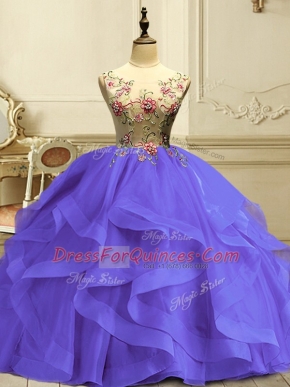 Superior Floor Length Lavender Vestidos de Quinceanera Organza Sleeveless Appliques and Ruffles