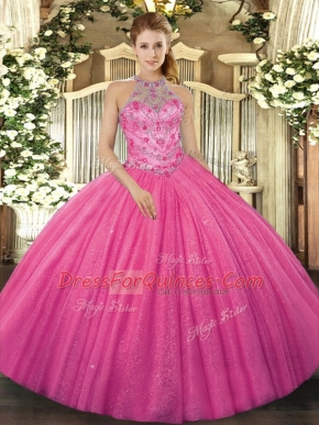 Charming Halter Top Sleeveless Tulle Quinceanera Gowns Beading and Embroidery Lace Up