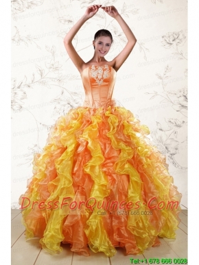 Puffy Luxurious 2015 Quinceanera Dresses with Appliques and Ruffles