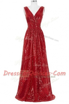 Red V-neck Neckline Sequins Prom Dresses Sleeveless Zipper
