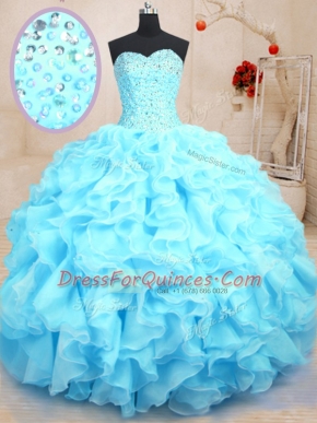 Custom Designed Baby Blue Ball Gowns Beading and Ruffles Sweet 16 Quinceanera Dress Lace Up Organza Sleeveless Floor Length