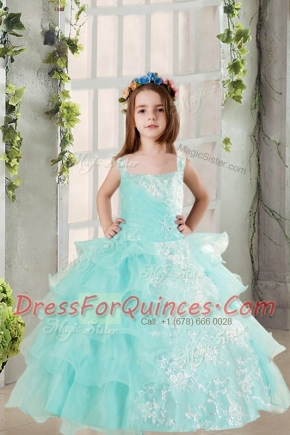 Fantastic Square Sleeveless Pageant Gowns For Girls Floor Length Lace and Ruffled Layers Light Blue Organza