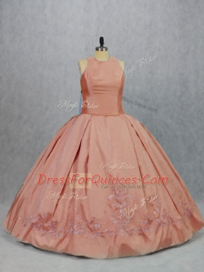 Peach Zipper Sweet 16 Quinceanera Dress Embroidery Sleeveless Floor Length