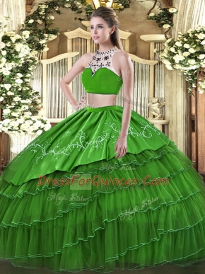 Floor Length Green Sweet 16 Dress Tulle Sleeveless Beading and Embroidery and Ruffles