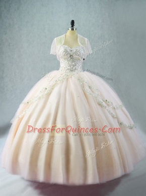 Simple Pink Sleeveless Floor Length Beading Lace Up Sweet 16 Dress