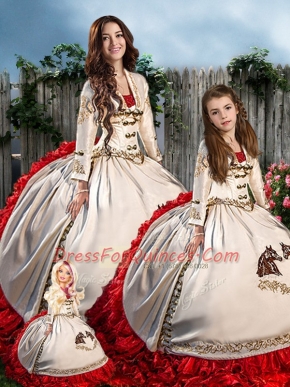 Flirting White And Red Sleeveless Floor Length Embroidery Lace Up 15th Birthday Dress