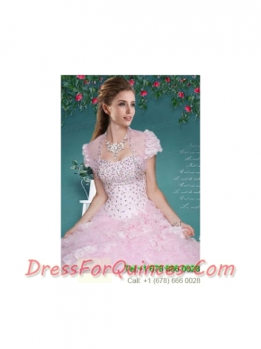 Fashionable Baby Pink Organza Quinceanera Jacket with Beading and Ruffles
