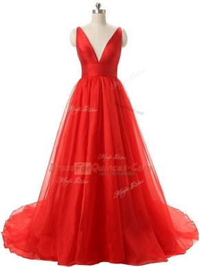 Dazzling V-neck Sleeveless Brush Train Backless Prom Dresses Red Organza