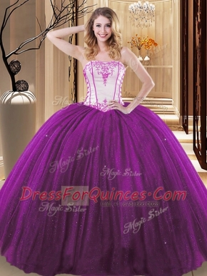Suitable Floor Length White And Purple Sweet 16 Dress Tulle and Sequined Sleeveless Embroidery