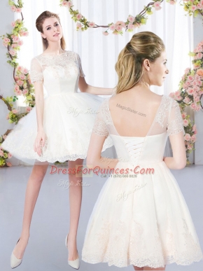 Scoop Short Sleeves Court Dresses for Sweet 16 Mini Length Lace Champagne Tulle