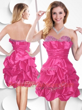 Hot Pink Taffeta Sexy Prom Dress with Beading and Bubles