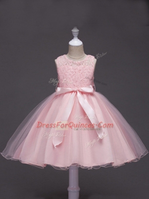Attractive Scoop Sleeveless Little Girls Pageant Dress Knee Length Lace and Belt Baby Pink Tulle