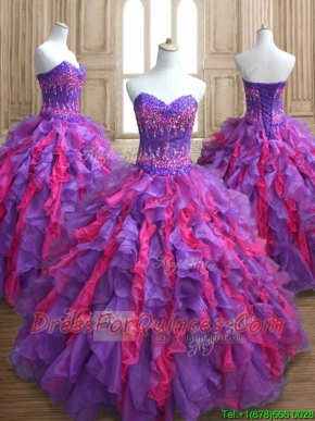 Cheap Applique and Ruffled Quinceanera Dress in Purple and Hot Pink