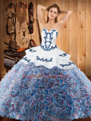 Glamorous Strapless Sleeveless Satin and Fabric With Rolling Flowers 15 Quinceanera Dress Embroidery Sweep Train Lace Up