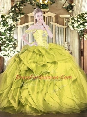 Floor Length Lace Up Quinceanera Gown Olive Green for Military Ball and Sweet 16 and Quinceanera with Beading and Ruffles
