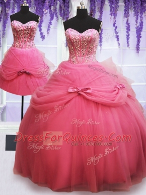 Customized Three Piece Sleeveless Tulle Floor Length Lace Up Quinceanera Dresses in Rose Pink with Beading and Bowknot