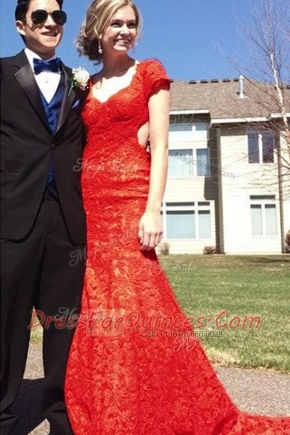 Suitable Mermaid Short Sleeves Sweep Train Backless Lace Homecoming Dress