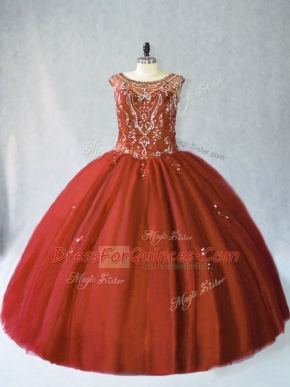Luxurious Scoop Sleeveless Quinceanera Gowns Floor Length Beading Rust Red Tulle