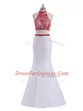 Most Popular White Criss Cross Halter Top Beading Prom Party Dress Satin Sleeveless