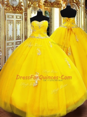 Discount Sleeveless Tulle Floor Length Lace Up Quinceanera Dresses in Gold with Beading and Appliques