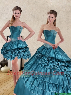 New Styles 2015 Teal Sweet 15 Dresses with Ruffled Layers and Beading